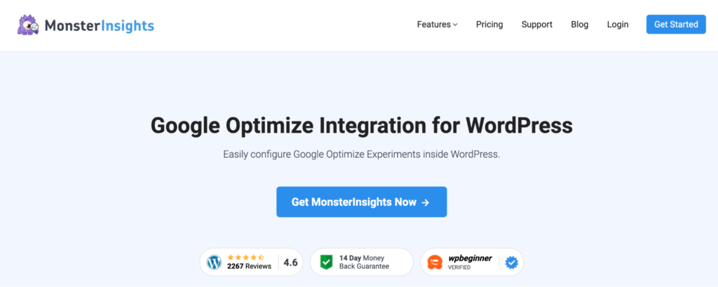 Homepage of the Google Optimize page on MonsterInsight's website