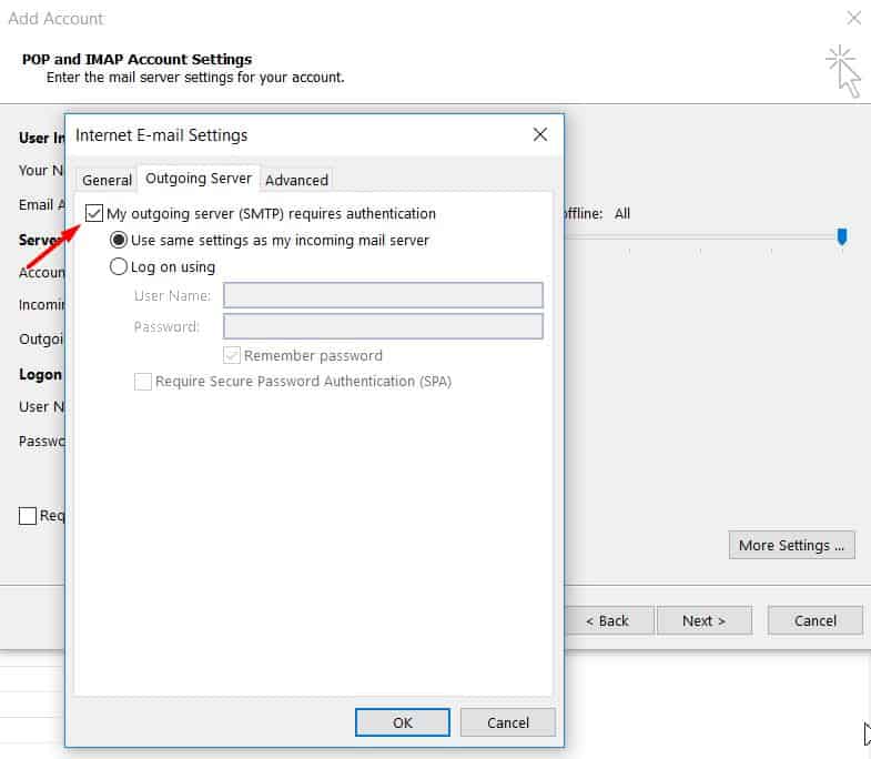 Configuration de l'authentification du serveur sortant sur Microsoft Outlook 2013.