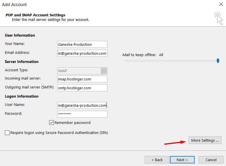 Remplir les d&eacute;tails IMAP concernant votre serveur sortant et votre compte de messagerie sur Microsoft Outlook 2013.