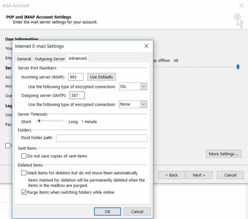 Configuration de l'authentification du serveur sortant sur Microsoft Outlook 2013.