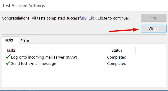 Un message de test de compte r&eacute;ussi sur Microsoft Outlook 2013