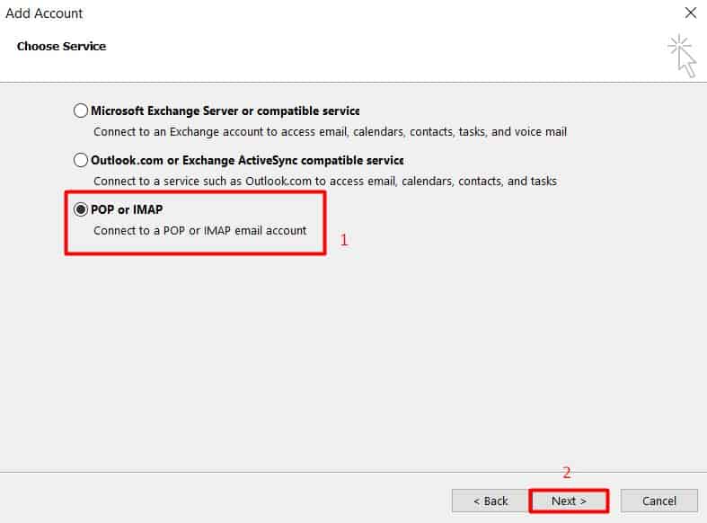 Choix de POP ou IMAP dans les param&egrave;tres de configuration de Microsoft Outlook 2013.