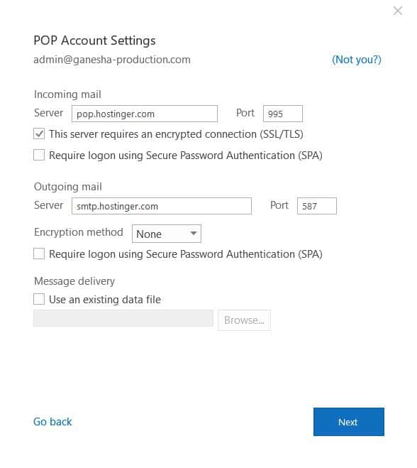 Param&egrave;tres du compte POP sur Microsoft Outlook 2016