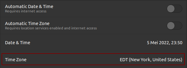 The date and time menu of Ubuntu with the time zone option highlighted