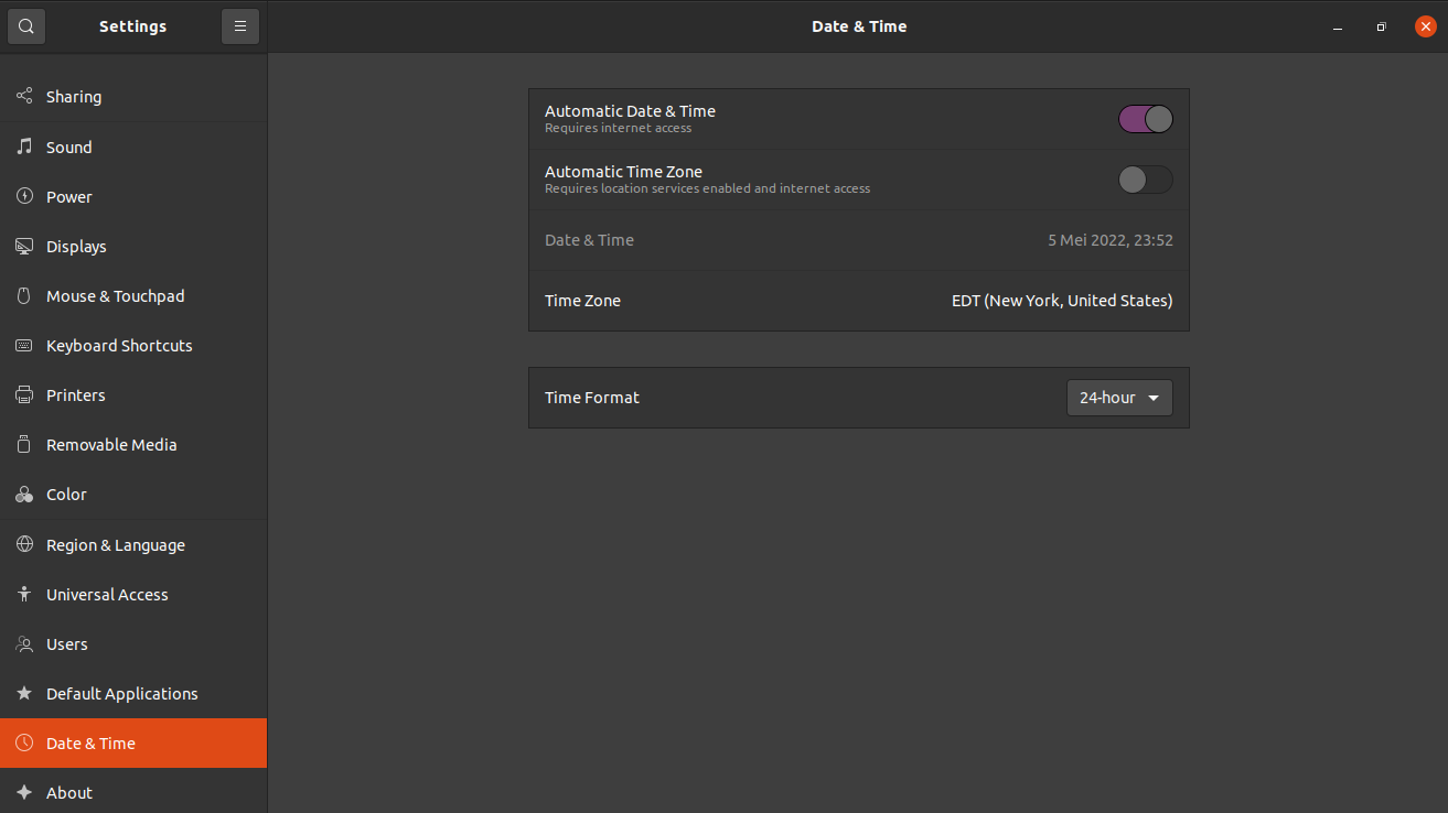 The Date and Time menu of Ubuntu desktop