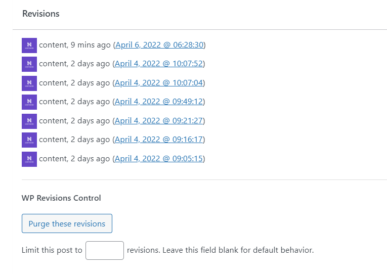 The WP Revisions Control plugin at the bottom of the text editor, showing the number of revisions WordPress can keep or delete