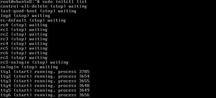 The initctl command listing system services and their statuses