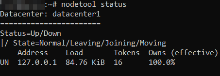 The nodetool status command showcasing the status of Cassandra's data center. In this case, it's up and running