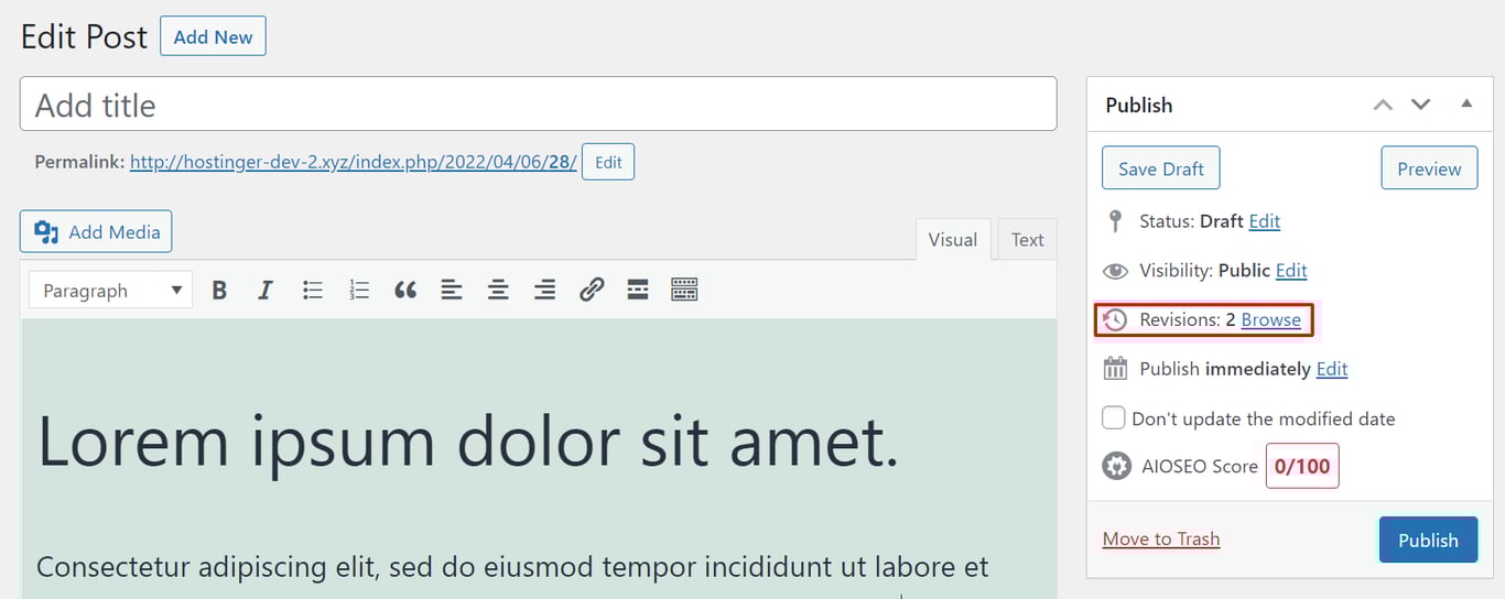 The revisions feature in the classic editor's right sidebar