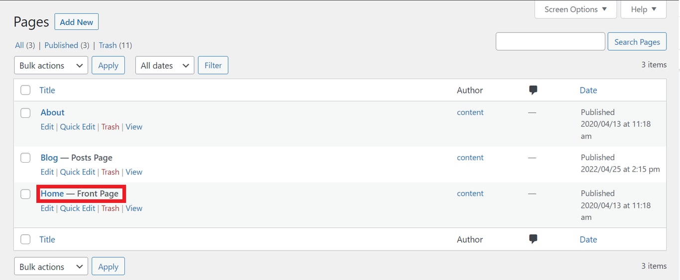 WordPress Page screen, highlighting a page entitled "Home".