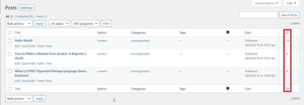 WordPress Posts screen, highlighting a post ID column.