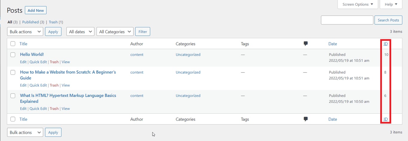 WordPress Posts screen, highlighting a post ID column.