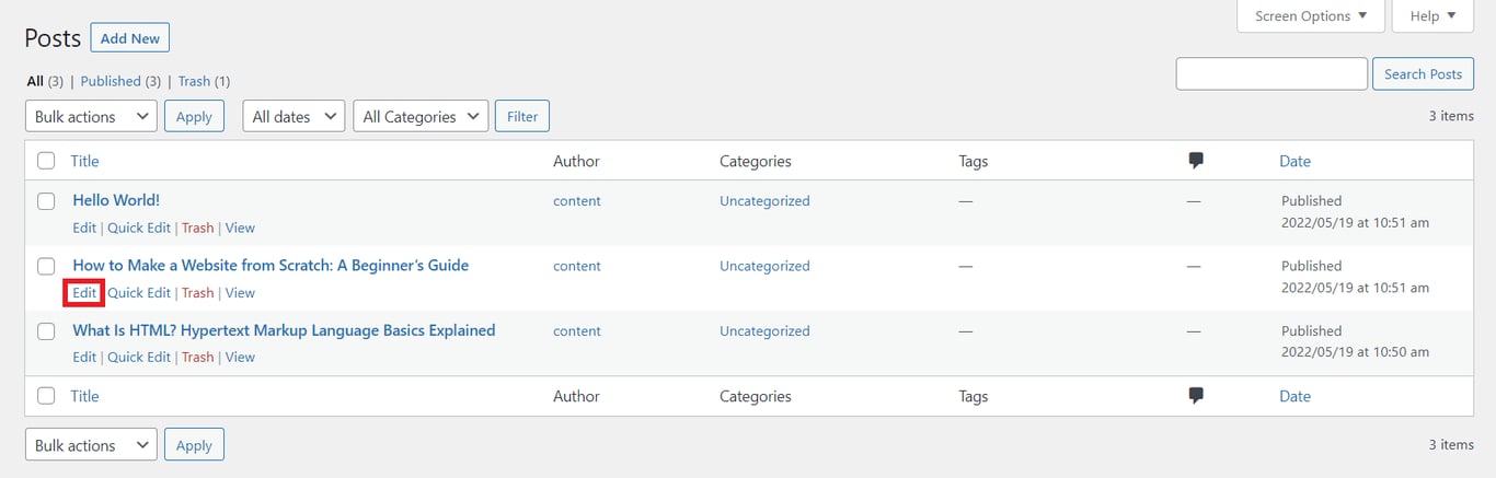 WordPress Posts screen, highlighting the Edit button.