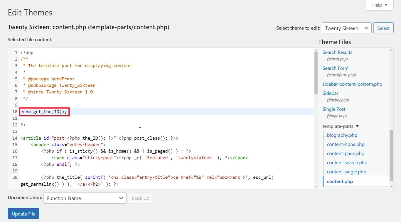 WordPress Theme Editor Screen, highlighting a code snippet