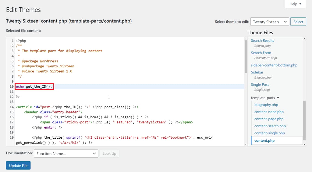 WordPress Theme Editor Screen, highlighting a code snippet