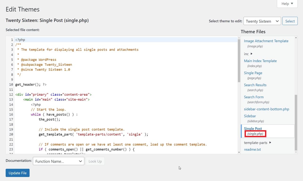 WordPress Theme Editor, highlighting the single.php file