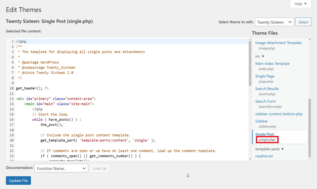 WordPress Theme Editor, highlighting the single.php file