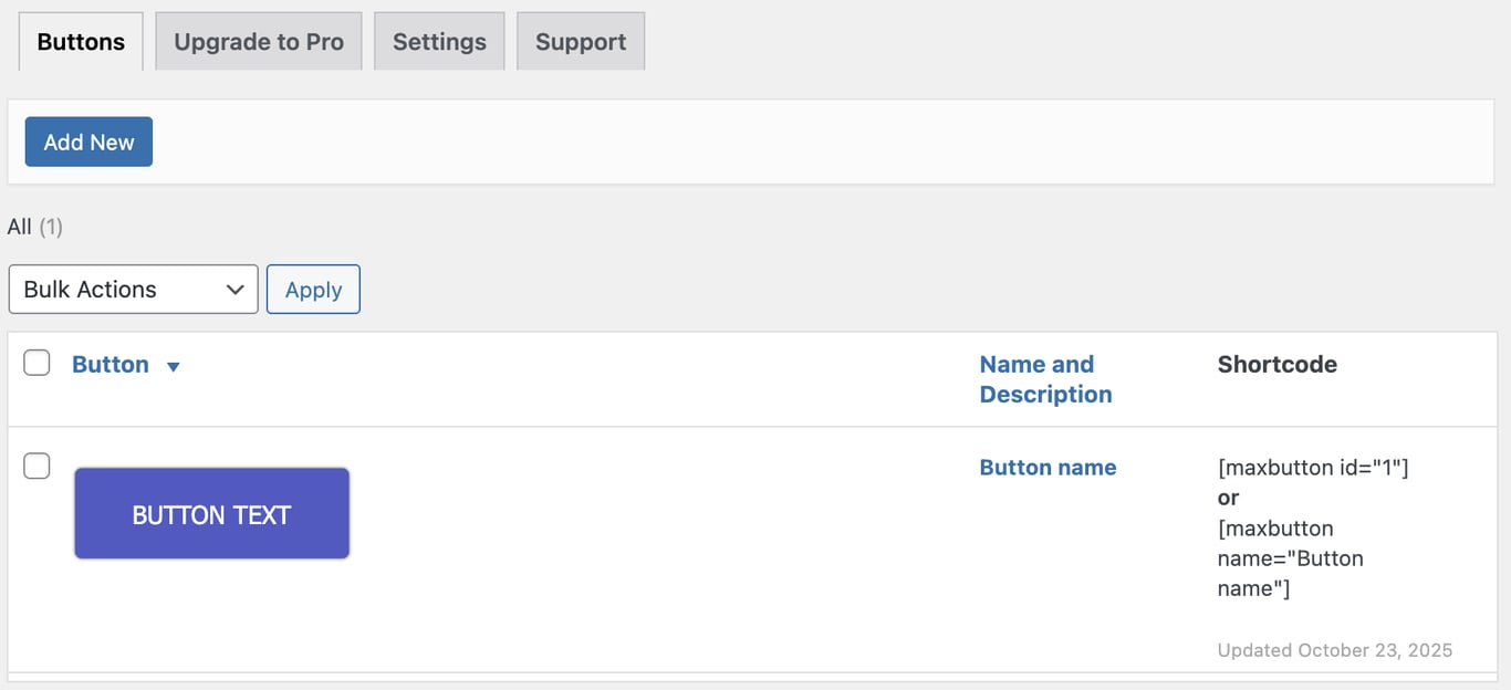 The existing buttons list on MaxButtons's Buttons menu