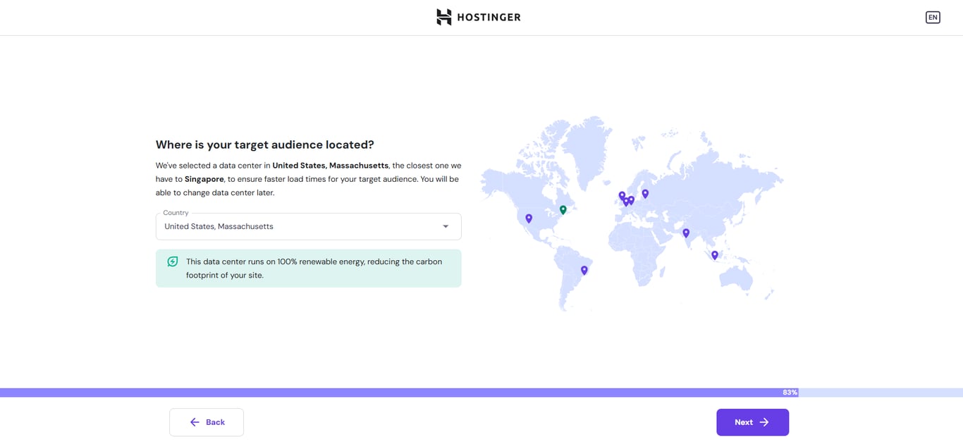 The data center selection page on Hostinger's onboarding wizard