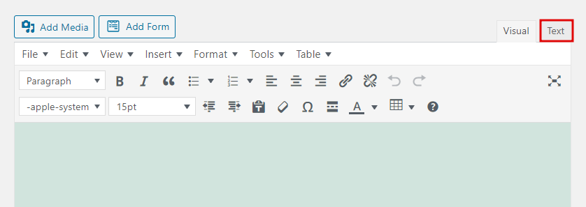 The Text tab in the WordPress classic editor