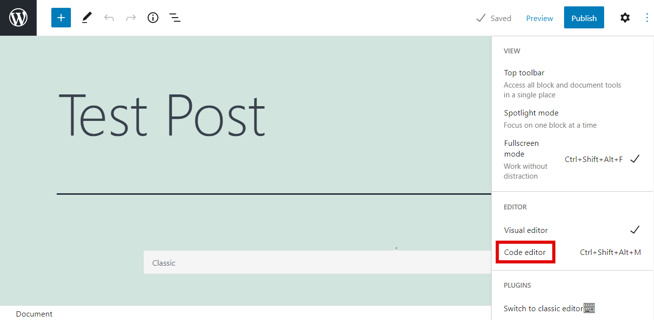 The Code editor button in the WordPress Gutenberg editor