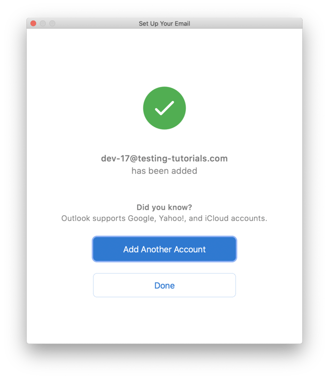 Un &eacute;cran qui s'affiche lorsque la configuration et les param&egrave;tres d'un compte sont termin&eacute;s (Outlook 2019).