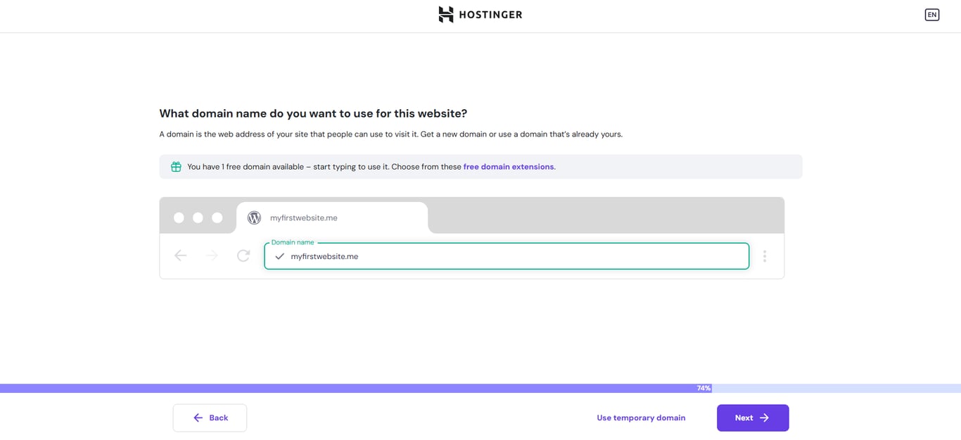 The domain name selection page in Hostinger's initial onboarding wizard