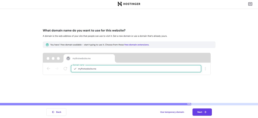 The domain name selection page in Hostinger's initial onboarding wizard