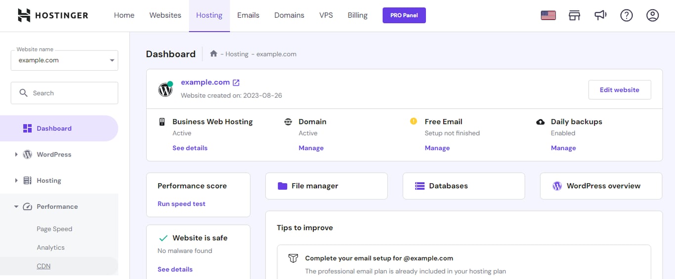 hPanel's Hosting menu with Performance and CDN highlighted