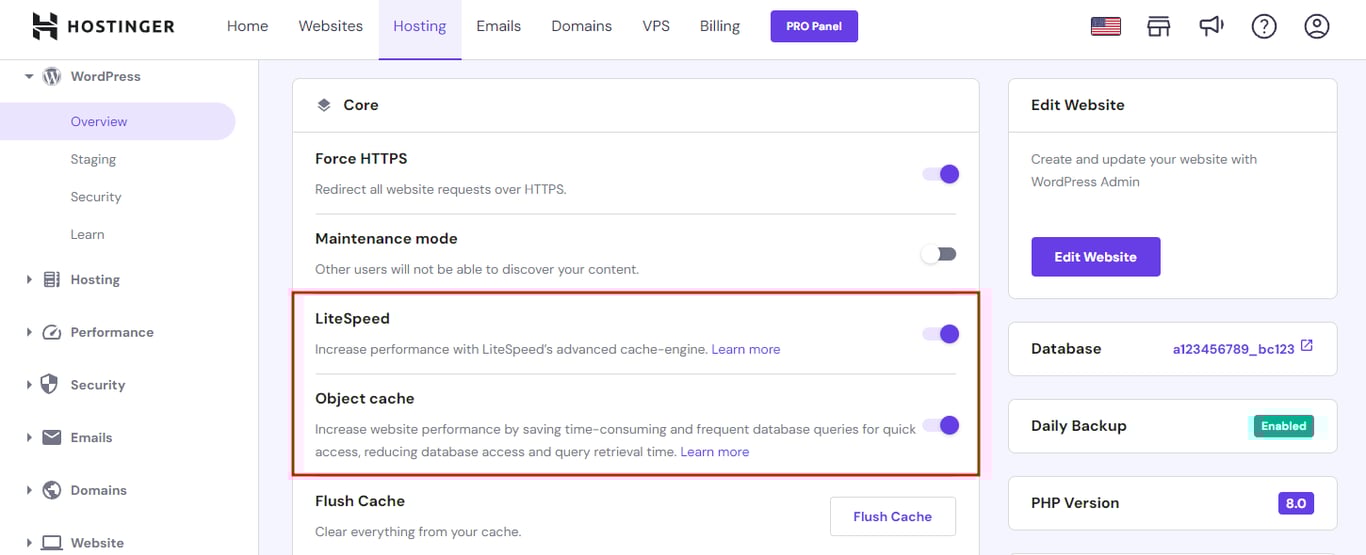 The WordPress Overview section on hPanel with Litespeed and Object cache menus highlighted