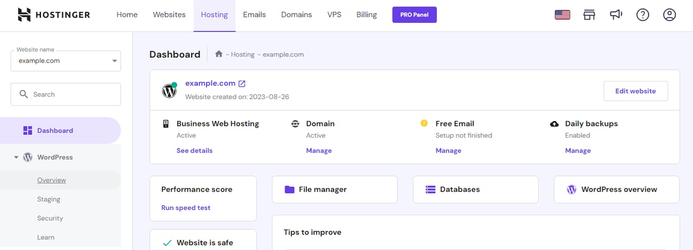 The WordPress Overview section on hPanel