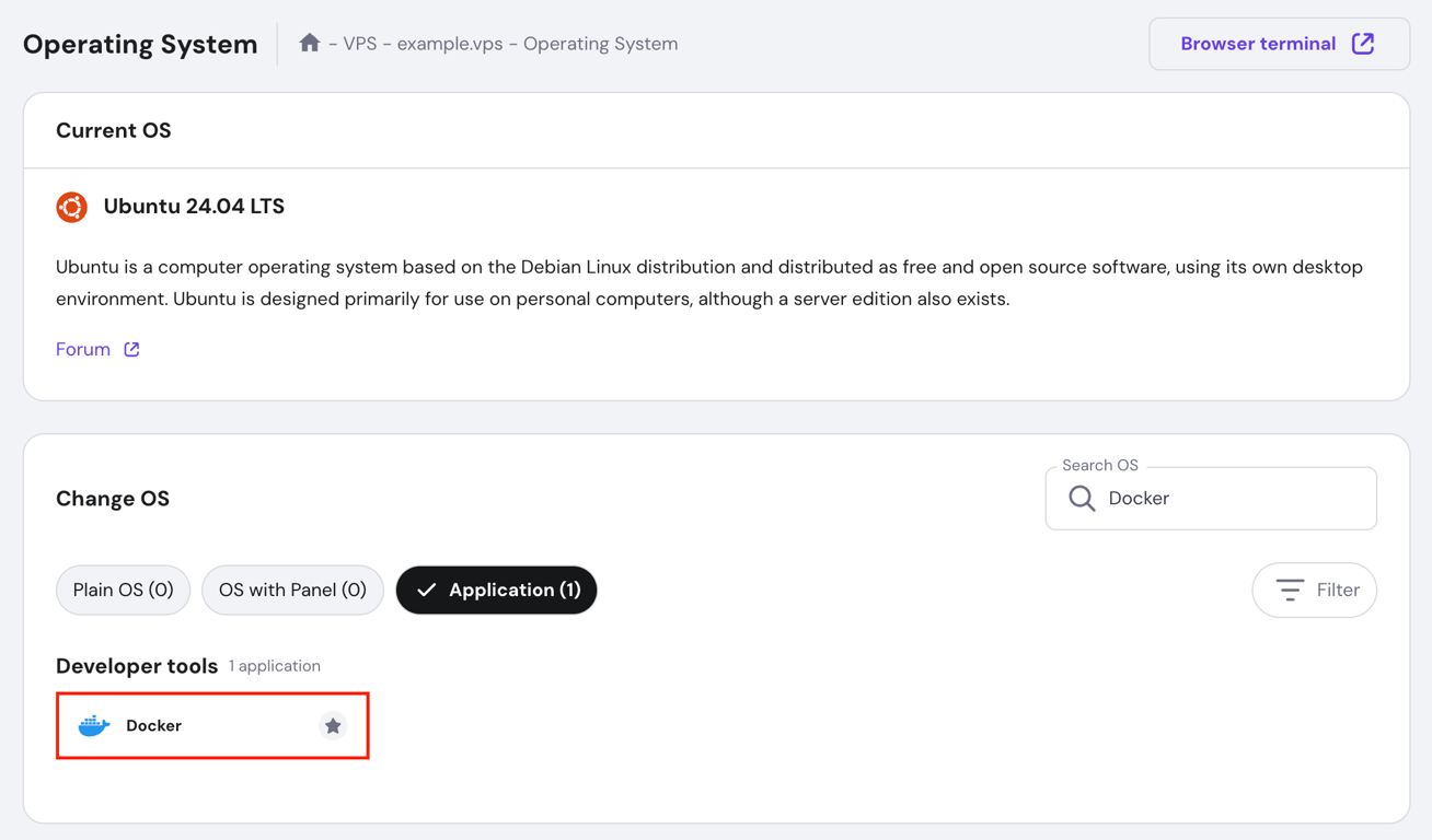 The Docker template in hPanel's VPS