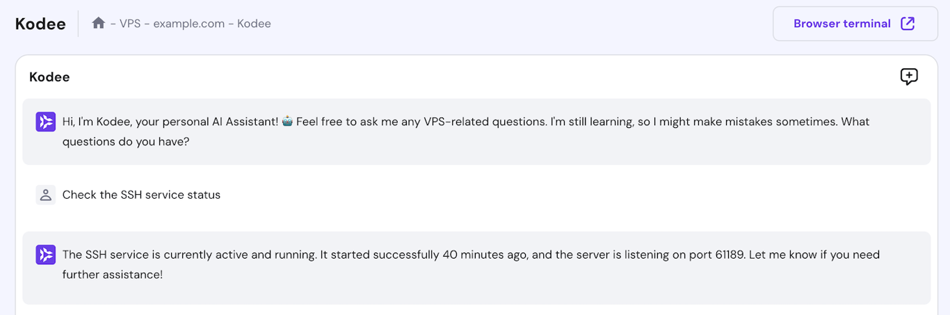 Kodee outputs the SSH service status