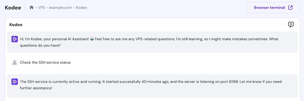 Kodee outputs the SSH service status