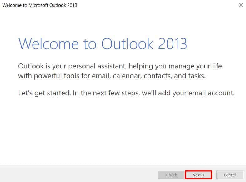 &Eacute;cran d'accueil de Microsoft Outlook 2013.