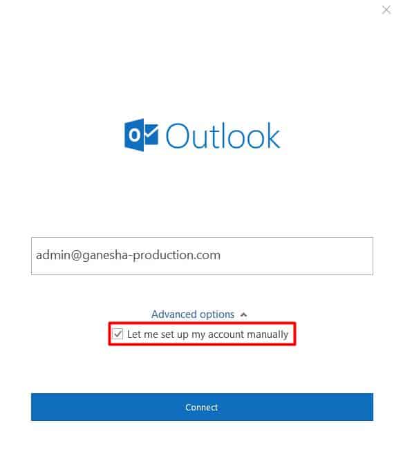 Choisir de configurer le compte manuellement sur l'interface de connexion d'Outlook 2016.