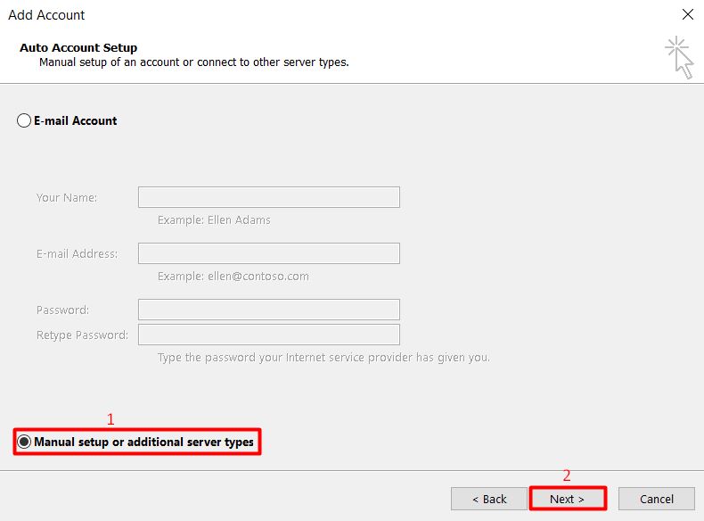 Choisir de saisir manuellement les param&egrave;tres de votre adresse &eacute;lectronique et de votre mot de passe pour un compte de messagerie sur Microsoft Outlook 2013.