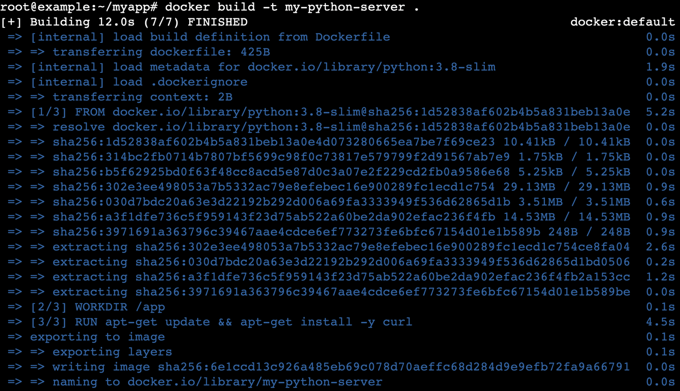 A terminal output after running the docker build command