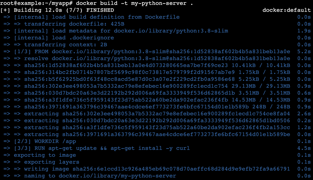 A terminal output after running the docker build command