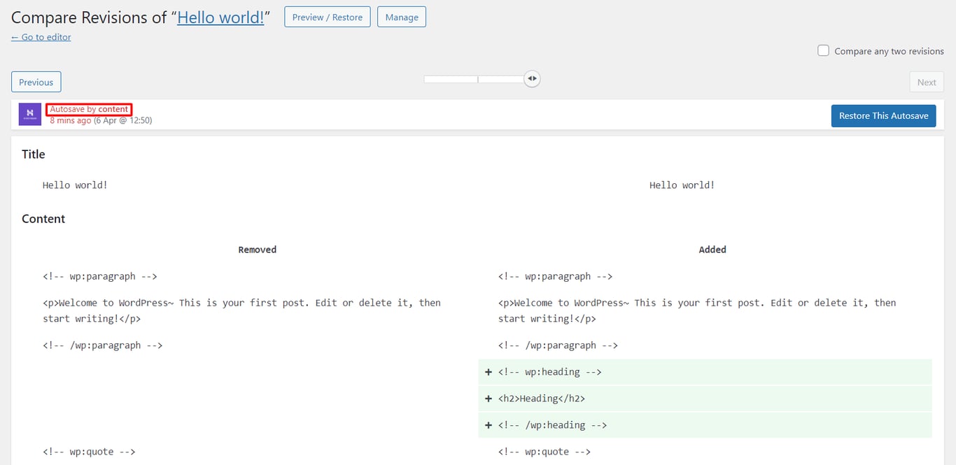The Autosave label in the WordPress revisions page