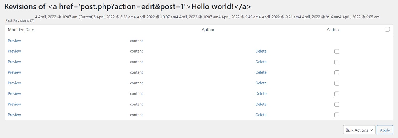 The PublishPress Revisions plugin dashboard containing a delete link to remove revisions in WordPress