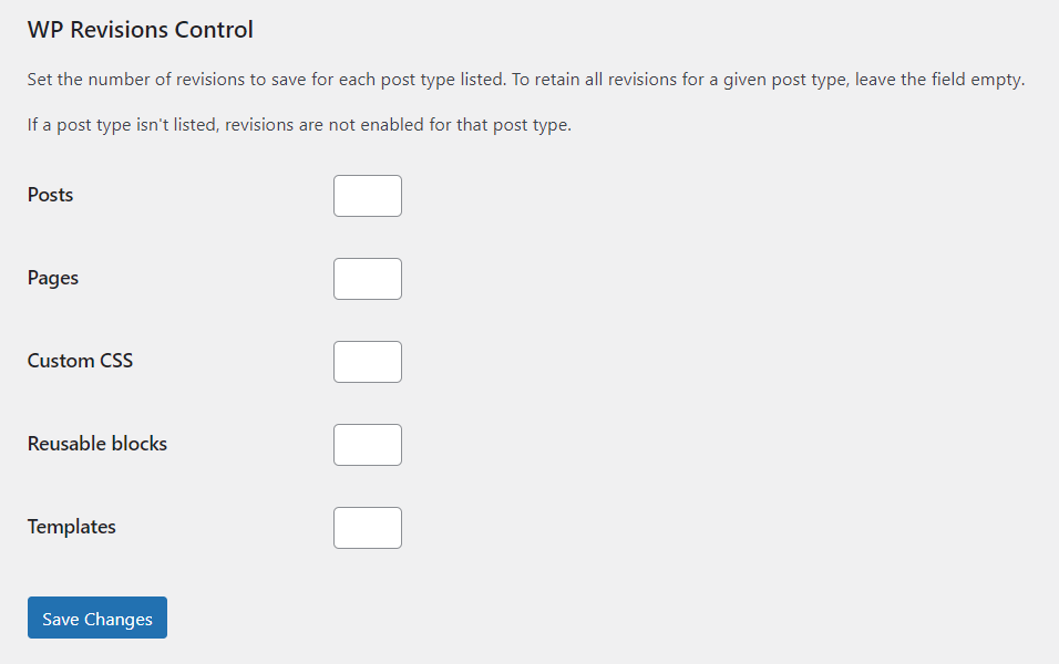 The WP Revisions Control plugin dashboard, showing post types where users can limit WordPress revisions
