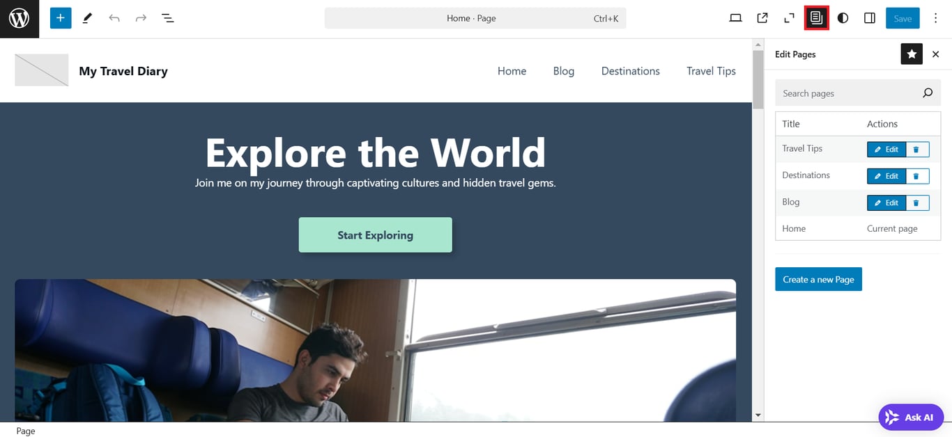 The Edit Pages button is highlighted on WordPress Site Editor interface