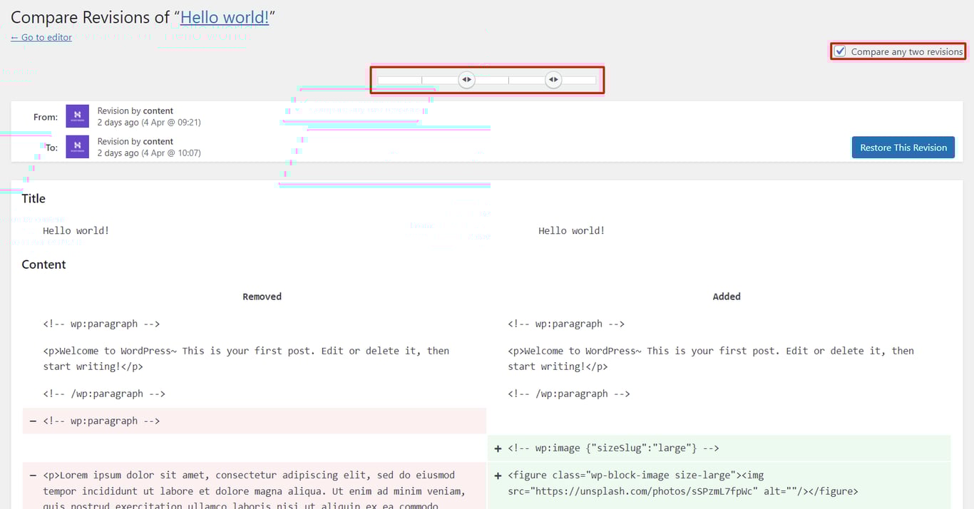 The slider on the WordPress revisions page to help users compare any two revisions