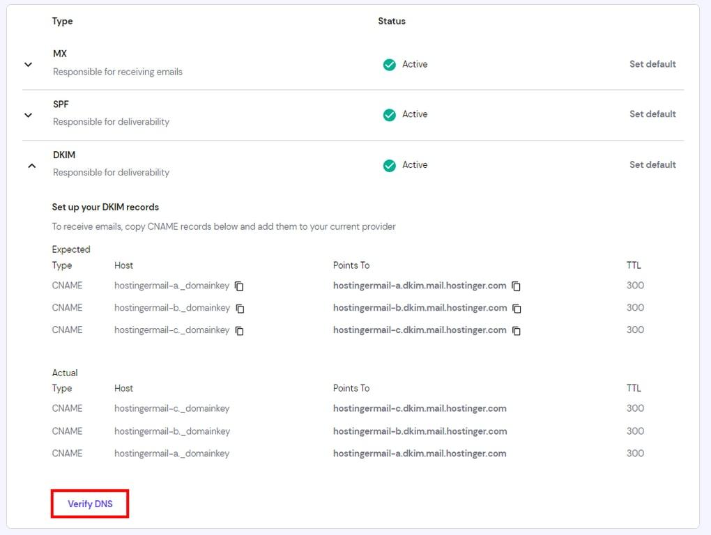 hPanel's Verify DNS button for DKIM.