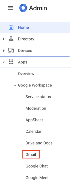 Google Admin console sidebar navigating to Apps, Google Workspace, and Gmail