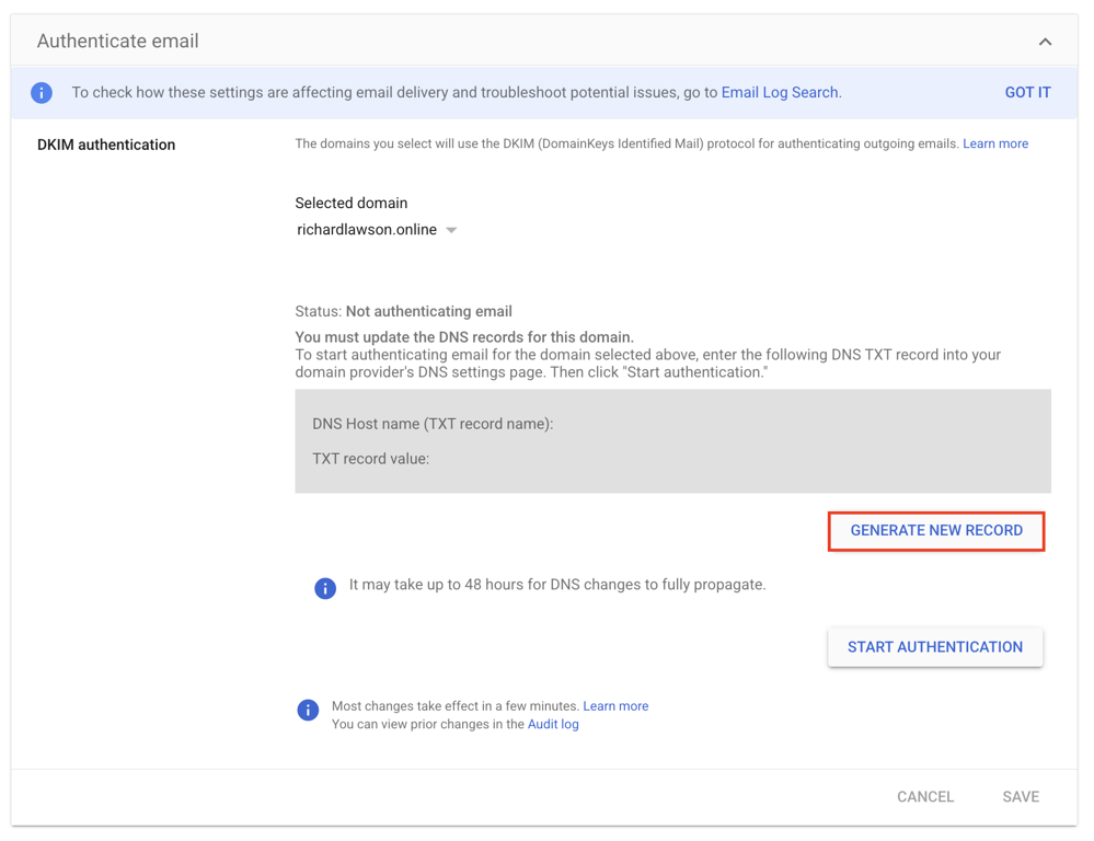 Google Workspace Authenticate email page with Selected domain and DKIM status