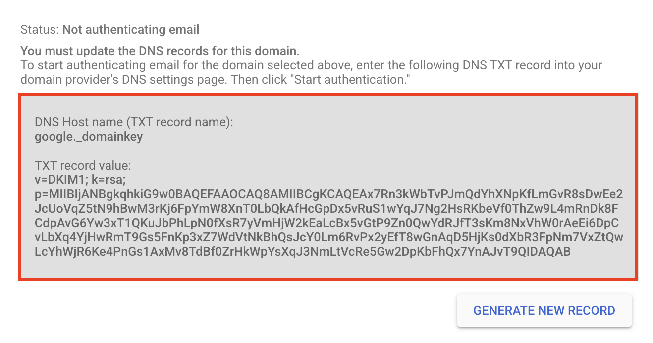 Generated DKIM record showing DNS Host name and TXT record value