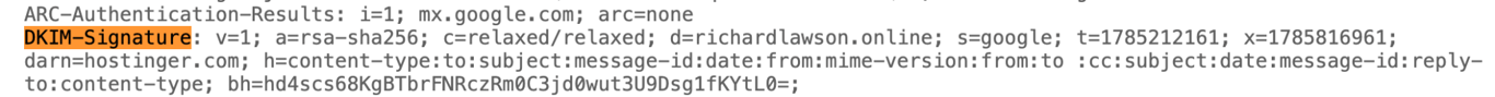 Email headers showing the DKIM-Signature with domain and selector values