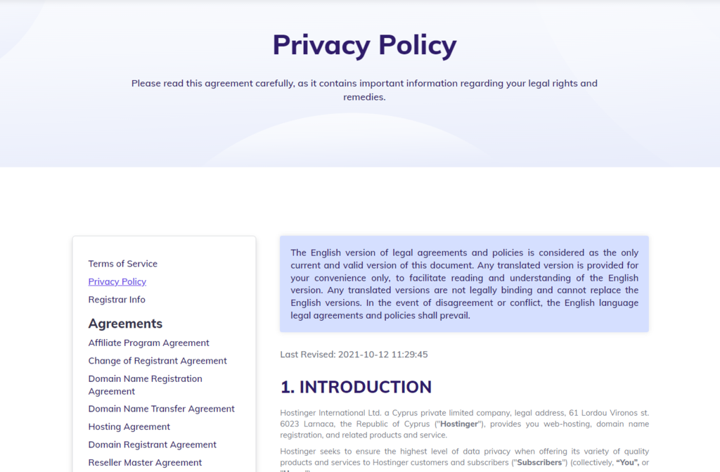 Hostinger's privacy policy page
